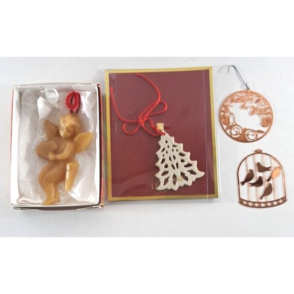 Christmas Ornament Lot Of 4 Wax Angel Copper Metal Birds Fruit Lenox Tree - Picture 1 of 6